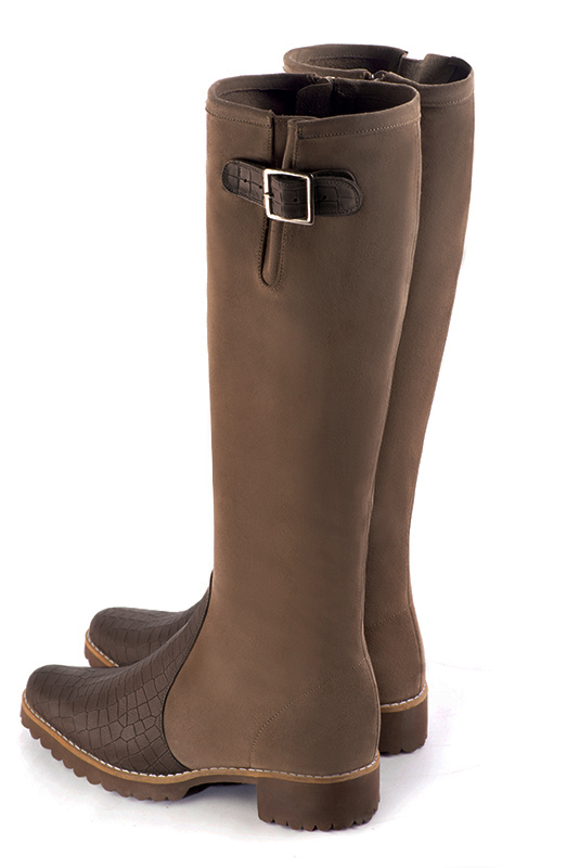 Dark brown women's knee-high boots with buckles. Round toe. Flat rubber soles. Made to measure. Rear view - Florence KOOIJMAN